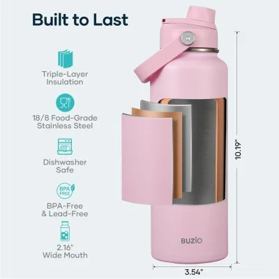 Buzio Duet Series Water Bottle with 2 Lids and Sleeve 1.2L - Pink